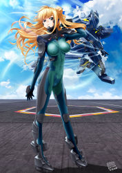 Rule 34 | 1girl, absurdres, cloud, commentary, commission, covered erect nipples, f-18 hornet (muv-luv), floating hair, flying, fortified suit, green eyes, hair bun, hand in own hair, highres, lilia kjellberg, long hair, mecha, muv-luv, muv-luv alternative, muv-luv unlimited: the day after, open hand, pilot suit, popgun (22882502), robot, science fiction, side bun, single side bun, sky, standing, tactical surface fighter, visor