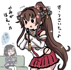 Rule 34 | 2girls, black hair, black skirt, blush, breasts, brown hair, couch, detached sleeves, flying sweatdrops, haguro (kancolle), hair ornament, headgear, hip vent, holding, holding microphone, kantai collection, large breasts, long hair, long sleeves, lowres, microphone, multiple girls, musical note, open mouth, pantyhose, pleated skirt, red skirt, short hair, simple background, sitting, skirt, sweat, terrajin, translation request, white background, white legwear, yamato (kancolle)