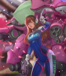 Rule 34 | 1girl, ;), absurdres, artist name, blurry, bodysuit, breasts, brown eyes, brown hair, clothes writing, cowboy shot, d.va (overwatch), depth of field, emblem, facepaint, facial mark, finger on trigger, gloves, gun, handgun, headphones, highres, long hair, looking at viewer, mecha, meka (overwatch), \\n/, one eye closed, outdoors, overwatch, overwatch 1, parted lips, petals, pilot suit, pistol, robot, sherylnome, signature, small breasts, smile, solo, swept bangs, weapon, whisker markings, white gloves