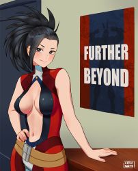 Rule 34 | 10s, 1girl, bare shoulders, belt, black eyes, black hair, blush, bodysuit, boku no hero academia, breasts, breasts apart, carlo montie, center opening, hand on own hip, indoors, light smile, long hair, looking at viewer, loose belt, medium breasts, navel, no bra, ponytail, poster (medium), poster (object), smile, solo, standing, two-tone background, yaoyorozu momo