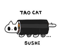 Rule 34 | animal, animal focus, cat, commentary request, english text, food, food focus, highres, makizushi, no humans, original, simple background, standing, sushi, uni souchou, white background, white cat