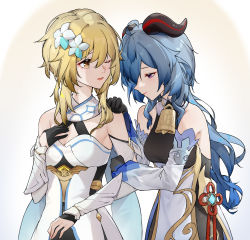 Rule 34 | 2girls, absurdres, ahoge, arm hug, bare shoulders, bell, black leotard, blonde hair, blue hair, bodystocking, breasts, chinese knot, cleavage, commentary request, cowbell, detached sleeves, dress, embarrassed, flower, flower knot, ganyu (genshin impact), genshin impact, goat horns, gold trim, hair flower, hair ornament, half-closed eyes, hand on another&#039;s shoulder, hand on own chest, highres, horns, leotard, long hair, looking at another, lumine (genshin impact), medium breasts, multiple girls, one eye closed, pelvic curtain, short hair with long locks, shy, simple background, white dress, white flower, yellow eyes, yukizawa xueze, yuri