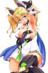 Rule 34 | 1girl, agarwood, arm up, armpits, bare shoulders, black gloves, blonde hair, blue eyes, blush, breasts, cape, cleavage, cowboy shot, deep skin, dress, elbow gloves, gene (pso2), gloves, green hair, hair between eyes, headgear, large breasts, long hair, multicolored hair, open mouth, phantasy star, phantasy star online 2, short dress, sideboob, solo, streaked hair, thighhighs, twintails, two-tone hair, white dress