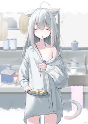 Rule 34 | 1girl, absurdres, ahoge, animal ears, bag, blush, borrowed clothes, bowl, bread, bread slice, cat ears, cat girl, cat tail, celia 1315, closed eyes, coffee mug, counter, cup, cutting board, failure, food, frying pan, grey hair, highres, holding, holding plate, indoors, kitchen, long hair, long sleeves, mouth hold, mug, naked shirt, off shoulder, original, oversized clothes, plant, plastic bag, plate, potted plant, shirt, sink, squeans, sleepy, solo, sponge, steam, tail, tearing up, toothbrush in mouth, toothpaste, you&#039;re doing it wrong