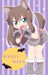 Rule 34 | &gt;:o, 1girl, animal ears, animal hands, aqua eyes, bare legs, bat (animal), bent over, boots, brown hair, candy, claw pose, dress, english text, fang, food, full body, gloves, grey footwear, halloween, lollipop, long hair, original, outline, paw gloves, pouch, purple background, short dress, sleeveless, sleeveless dress, solo, star (symbol), striped, striped background, tail, two-tone background, v-shaped eyebrows, white outline, wolf ears, wolf tail, yasakana tooi