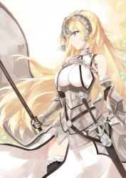 Rule 34 | 1girl, armor, armored dress, bad id, bad pixiv id, bare shoulders, blonde hair, braid, breasts, capelet, chain, cleavage, fate/apocrypha, fate (series), flag, gauntlets, headpiece, highres, holding, jeanne d&#039;arc (fate), jeanne d&#039;arc (ruler) (fate), jeanne d&#039;arc (third ascension) (fate), long hair, marie mushroom, single braid, solo, thighhighs, very long hair