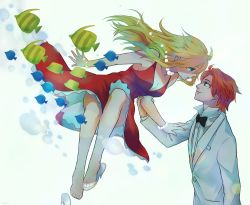 10s 1boy 1girl akuhaku barefoot blonde_hair blue_eyes bow bowtie bracelet brief_(psg) bubble couple fish freckles green_eyes jewelry md5_mismatch necklace orange_hair panty_&amp;_stocking_with_garterbelt panty_(psg) shoe_dangle single_shoe tuxedo