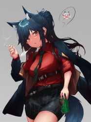 Rule 34 | 1girl, absurdres, animal ear fluff, animal ears, aoria, arknights, arm up, belt, black hair, black jacket, black necktie, black shorts, breasts, can, cigarette, collared shirt, cowboy shot, drink, ear piercing, extra ears, grey background, highres, holding, holding can, holding cigarette, jacket, jacket on shoulders, large breasts, long hair, long sleeves, looking at viewer, necktie, official alternate costume, open clothes, open jacket, open mouth, piercing, ponytail, red shirt, shirt, shorts, simple background, sleeves rolled up, smoke, solo, spoken object, standing, striped clothes, striped shorts, tail, texas (arknights), texas (willpower) (arknights), vertical-striped clothes, vertical-striped shorts, wolf ears, wolf girl, wolf tail, yellow eyes