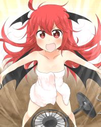 Rule 34 | &gt;:d, + +, 1girl, :d, ahoge, bat wings, blush, breasts, cleavage, collarbone, electric fan, fanning crotch, gradient background, head wings, koakuma, long hair, looking at viewer, naked towel, nobamo pieruda, open mouth, outstretched arms, red eyes, red hair, small breasts, smile, solo, touhou, towel, v-shaped eyebrows, wings