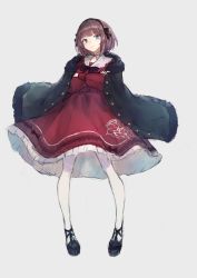 Rule 34 | 1girl, black bow, black bowtie, black footwear, blue eyes, blunt bangs, bow, bowtie, brown hair, closed mouth, coat, commentary request, crossed arms, dress, full body, fur trim, grey background, hairband, highres, kobutakurassyu, legs apart, long sleeves, looking at viewer, original, pantyhose, red dress, shoes, simple background, solo, standing, white pantyhose