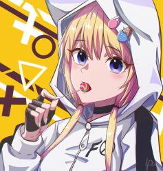 Rule 34 | 1girl, absurdres, artist request, black choker, blonde hair, candy, choker, circle, eating, fang, fingerless gloves, fingernails, food, fox tail, gloves, grand (pixiv), hair between eyes, hair ornament, hairclip, hands in pockets, highres, hood, hoodie, ice cream cone, ice cream cone on head, jacket, kemono jihen, kon (kemono jihen), lollipop, long fingernails, long hair, long sleeves, looking at viewer, low twintails, signature, solo, tail, triangle, twintails, x, yellow background