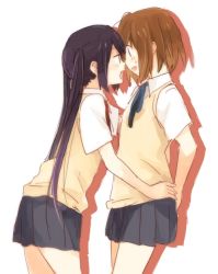 Rule 34 | 2girls, against wall, bad id, bad pixiv id, black hair, blush, bow, bowtie, brown eyes, brown hair, eye contact, female focus, hand on another&#039;s hip, hirasawa yui, hug, imminent kiss, k-on!, long hair, looking at another, multiple girls, nakano azusa, open mouth, picocopi, ribbon, school uniform, short hair, sketch, skirt, surprised, sweat, sweatdrop, sweater vest, twintails, yuri