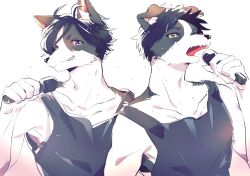 Rule 34 | 2boys, animal ear fluff, animal ears, bishounen, black fur, black hair, black tank top, body fur, claws, dog boy, dog ears, furry, furry male, green eyes, grin, hand up, highres, holding, holding microphone, looking at viewer, male focus, microphone, mokotalow11, multiple boys, open mouth, original, purple eyes, sharp teeth, short hair, siblings, simple background, smile, solo, tank top, teeth, twins, upper body, white background, white fur