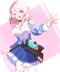 Rule 34 | 1girl, ;d, absurdres, arm at side, black choker, blue eyes, blue jacket, blue skirt, bra strap, breasts, buttons, choker, cowboy shot, earrings, hand up, highres, honkai: star rail, honkai (series), jacket, jewelry, long sleeves, looking at viewer, march 7th (honkai: star rail), one eye closed, open mouth, pink eyes, pink hair, pleated skirt, rectangle, shirt, sidelocks, simple background, single earring, skirt, smile, solo, sparkle, standing, taro (303 taroo), teeth, thigh strap, tied jacket, two-tone eyes, upper teeth only, white background, white shirt