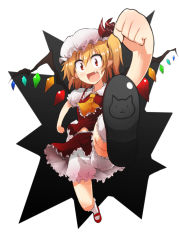 Rule 34 | 1girl, :d, bad id, bad pixiv id, blonde hair, bloomers, chipa (arutana), clenched hands, fang, female focus, flandre scarlet, foreshortening, full body, hat, jumping, mary janes, midriff, open mouth, pointy ears, red eyes, running, shoe soles, shoes, side ponytail, simple background, skirt, smile, solo, touhou, underwear, wings