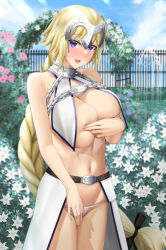 Rule 34 | 1girl, absurdres, black ribbon, blue sky, blush, braid, braided ponytail, breast curtains, breast lift, breasts, chain, cloud, commentary request, covering privates, covering breasts, covering crotch, day, embarrassed, fate/grand order, fate (series), hair ribbon, headpiece, highres, jeanne d&#039;arc (fate), jeanne d&#039;arc (ruler) (fate), jeanne d&#039;arc (third ascension) (fate), karakari, large breasts, legs together, long hair, looking at viewer, navel, no bra, open mouth, outdoors, panties, revealing clothes, ribbon, showgirl skirt, single braid, sky, solo, standing, sweat, textless version, underwear, very long hair, white panties