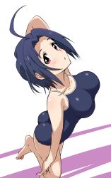 Rule 34 | 1girl, ahoge, ass, bad id, bad twitter id, blue hair, breasts, competition school swimsuit, female focus, highres, idolmaster, idolmaster (classic), large breasts, looking at viewer, miura azusa, one-piece swimsuit, red eyes, school swimsuit, short hair, simple background, solo, striped, striped background, swimsuit, yumekaranigeruna
