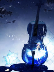 Rule 34 | 1girl, barefoot, beamed quavers, blue hair, bug, butterfly, cello, bug, instrument, musical note, original, quaver, red eyes, revision, surreal, underwater, water, yuukichi