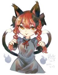 Rule 34 | 1girl, :p, animal ears, black bow, blush, bow, braid, cat ears, cat tail, cowboy shot, cropped legs, doryata, dress, green dress, hair between eyes, hair bow, hair ribbon, hands up, highres, holding, holding own hair, kaenbyou rin, long hair, multiple tails, nekomata, red eyes, red hair, ribbon, simple background, solo, tail, tongue, tongue out, touhou, tress ribbon, twin braids, twintails, two tails, white background