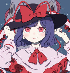 Rule 34 | 1girl, absurdres, black headwear, bow, capelet, closed mouth, commentary request, fish, hat, hat bow, highres, kame (kamepan44231), long sleeves, nagae iku, purple hair, red bow, red eyes, short hair, simple background, smile, touhou, upper body