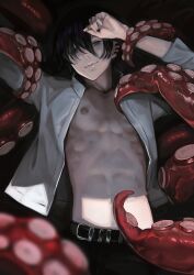 Rule 34 | 1boy, abs, absurdres, black eyes, black hair, chainsaw man, ear piercing, earrings, hair over eyes, hakusyokuto, highres, jewelry, long sleeves, looking at viewer, male focus, mole, mole under mouth, multiple earrings, multiple piercings, navel, nipples, octopus devil (chainsaw man), piercing, short hair, smile, suction cups, tentacles, yoshida hirofumi