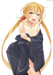Rule 34 | 10s, 1girl, :d, alternate costume, bad id, bad pixiv id, bare shoulders, black kimono, blonde hair, blush, collarbone, eyebrows, japanese clothes, kankitsunabe (citrus), kantai collection, kimono, leaning forward, long hair, looking at viewer, off shoulder, open mouth, satsuki (kancolle), satsuki kai ni (kancolle), simple background, smile, solo, standing, twintails, twitter username, very long hair, white background, yellow eyes