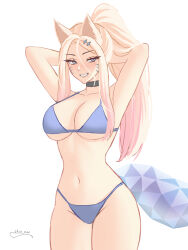 Rule 34 | 1girl, absurdres, ahri (league of legends), animal ears, armpits, arms behind head, arms up, bare arms, bare shoulders, bikini, black choker, blonde hair, blue bikini, blue eyes, blush, breasts, choker, collarbone, commentary, facial mark, forehead, grin, groin, hair ornament, hairclip, highres, large breasts, league of legends, long hair, navel, ponytail, shio aw, signature, simple background, smile, solo, standing, swimsuit, tail, very long hair, whisker markings, white background