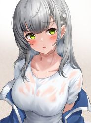 Rule 34 | 1girl, :o, absurdres, blouse, blue jacket, blush, breasts, collarbone, commentary request, gradient background, green eyes, hair ornament, heavy breathing, highres, hololive, jacket, large breasts, lds (dstwins97), long hair, looking at viewer, off shoulder, open clothes, open jacket, open mouth, see-through, shirogane noel, shirt, silver hair, solo, sweat, track jacket, upper body, virtual youtuber, wet, wet clothes, wet shirt, white background, white shirt