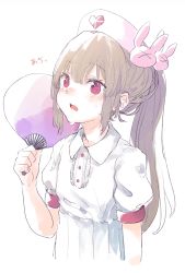 Rule 34 | &gt; &lt;, 1girl, alternate hairstyle, blush, brown hair, collared dress, dress, fang, hair between eyes, hair ornament, hand fan, hand up, hat, heart, holding, holding fan, long hair, makihitsuji, natori sana, nurse cap, open mouth, paper fan, pink hat, ponytail, puffy short sleeves, puffy sleeves, rabbit hair ornament, red eyes, sana channel, short sleeves, simple background, solo, translation request, virtual youtuber, white background, white dress