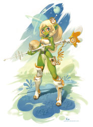Rule 34 | 1girl, alien, bare shoulders, barefoot, blonde hair, blue eyes, boots, breasts, colored skin, energy gun, glasses, gradient background, green skin, highres, legs, long hair, md5 mismatch, medium breasts, navel, o-ring, original, pointy ears, ray gun, science fiction, solo, space, thighs, very long hair, weapon, white-framed eyewear, xaxaxa