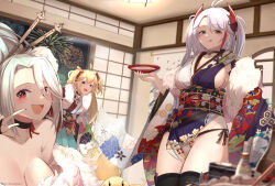 Rule 34 | 3girls, :d, admiral hipper (azur lane), aerial fireworks, alcohol, artist name, azur lane, bare shoulders, black choker, black sash, black thighhighs, blonde hair, blurry, blurry foreground, blush, breasts, choker, cleavage, closed mouth, collarbone, commentary, cross, cross necklace, cup, daweykun, depth of field, detached sleeves, english commentary, eyelashes, fireworks, floral print, fur-trimmed kimono, fur trim, green eyes, hair between eyes, hair bun, hair ornament, hair stick, hand up, hanging scroll, headgear, highres, holding, holding cup, indoors, iron cross, japanese clothes, jewelry, kimono, large breasts, lattice, leaning forward, licking lips, long hair, long sleeves, looking at viewer, manjuu (azur lane), mole, mole under eye, multicolored clothes, multicolored hair, multicolored kimono, multiple girls, necklace, night, obijime, off shoulder, official alternate costume, open mouth, panty straps, parted bangs, pelvic curtain, print kimono, print sash, print sleeves, prinz eugen (azur lane), prinz eugen (profusion of flowers) (azur lane), prinz heinrich (azur lane), prinz heinrich (fireworks and tapestries) (azur lane), red eyes, red hair, red kimono, sakazuki, sake, sash, scroll, shouji, sideboob, sidelocks, sky, sleeveless, sleeveless kimono, sliding doors, smile, standing, streaked hair, tassel, teeth, thighhighs, tongue, tongue out, two side up, upper teeth only, white hair, wide sleeves, window, yellow eyes