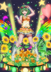Rule 34 | 1girl, boots, breasts, flower, frilled skirt, frills, goggles, goggles on head, green eyes, green hair, gumi, heart, knee boots, matching hair/eyes, musical note, short hair, skirt, sleeveless, smile, solo, sunflower, tsuchi ryuu, vocaloid, wrist cuffs
