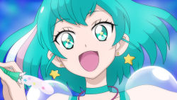 Rule 34 | 1girl, :d, anime coloring, aqua eyes, aqua hair, collarbone, cure milky, damascus (dearigazu2001), earrings, floating hair, hagoromo lala, highres, holding, jewelry, looking at viewer, open mouth, precure, see-through, smile, solo, star-shaped pupils, star (symbol), star earrings, star twinkle precure, symbol-shaped pupils