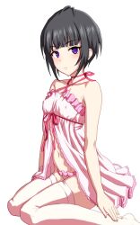 Rule 34 | 1girl, babydoll, bare shoulders, black hair, blunt bangs, blush, bob cut, bow, closed mouth, collarbone, covered erect nipples, dot nose, flat chest, frilled babydoll, highres, idolmaster, idolmaster cinderella girls, idolmaster cinderella girls starlight stage, kezune (i- -i), looking at viewer, midriff, navel, panties, pink babydoll, pink bow, pink panties, pink thighhighs, purple eyes, shirayuki chiyo, short hair, simple background, sitting, solo, stomach, thighhighs, underwear, wariza, white background