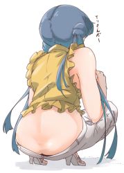 Rule 34 | 1girl, ass, blue hair, butt crack, denim, from behind, high heels, highres, idolmaster, idolmaster million live!, jeans, kitakami reika, long hair, moment (moment 607), pants, simple background, squatting, translation request, twintails, very long hair