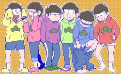 Rule 34 | 10s, 6+boys, :&gt;, :3, black hair, briefs, brothers, closed eyes, commentary request, hands in pockets, hands on own hips, heart, heart in mouth, hood, hoodie, index finger raised, male focus, male underwear, matsuno choromatsu, matsuno ichimatsu, matsuno jyushimatsu, matsuno karamatsu, matsuno osomatsu, matsuno todomatsu, messy hair, multiple boys, no pants, nrnk, osomatsu-kun, osomatsu-san, osomatsu (series), pen, polka dot, polka dot background, sandals, sextuplets, siblings, sleeves past wrists, smile, socks, underwear, undressing, wall-eyed