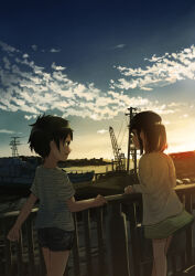 Rule 34 | 2girls, blue shorts, boat, cardigan, cloud, commentary request, green skirt, inami hatoko, long sleeves, looking at another, multiple girls, open mouth, original, outdoors, power lines, railing, scenery, short hair, short sleeves, shorts, sidelocks, skirt, striped clothes, striped shorts, sunset, tomboy, utility pole, watercraft, white cardigan