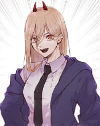 Rule 34 | 1girl, :d, black necktie, blue jacket, blurry, blurry foreground, breasts, chainsaw man, collared shirt, commentary, cross-shaped pupils, dress shirt, emphasis lines, eyes visible through hair, hair between eyes, hair over shoulder, happa (ha88a), highres, horns, jacket, long bangs, long hair, looking at viewer, medium breasts, necktie, open clothes, open jacket, open mouth, orange eyes, orange hair, pink hair, power (chainsaw man), red horns, sharp teeth, shirt, smile, symbol-shaped pupils, teeth, upper body, upper teeth only, white background, white shirt