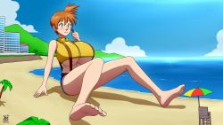 Rule 34 | 1boy, 1girl, ash ketchum, asymmetrical hair, bad deviantart id, bad id, bare shoulders, barefoot, beach, blue eyes, blush, breasts, creatures (company), denim, denim shorts, game freak, gen 1 pokemon, giant, giantess, gigantamax, heart, highres, holding, huge breasts, kiss, kissing cheek, lifeguard chair, misty (pokemon), navel, nintendo, ocean, on ground, palm tree, pokemon, pokemon: the electric tale of pikachu, ponytail, red hair, shirt, short shorts, shorts, side ponytail, sitting, size comparison, size difference, sleeveless, sleeveless shirt, surprise kiss, surprised, suspender shorts, suspenders, tree, umbrella, underboob, undersized clothes, ydbunny