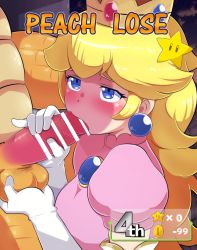 Rule 34 | 1boy, 1girl, bar censor, blonde hair, blue eyes, blush, bowser, breasts, brooch, caressing testicles, censored, character name, clothed female nude male, crown, defeat, earrings, elbow gloves, erection, eyelashes, fellatio, gloves, hameneko, handjob, heads-up display, hetero, jewelry, large breasts, large penis, long hair, mario (series), mario party, nintendo, nude, oral, penis, pink shirt, pinky out, princess peach, puffy short sleeves, puffy sleeves, score, shirt, short sleeves, super star (mario), testicles, white gloves