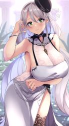 Rule 34 | 1girl, absurdly long hair, aquila (azur lane), aquila (green garden elegant sadia) (azur lane), azur lane, black hat, breasts, cleavage, cocktail dress, dress, evening gown, green eyes, grey hair, hand in own hair, hat, highres, huge breasts, long hair, looking at viewer, mini hat, official alternate costume, plant, see-through, side slit, sleeveless, sleeveless dress, solo, standing, thigh strap, tilted headwear, twintails, very long hair, wee (weeyy), white dress