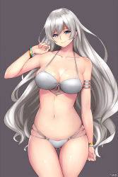 Rule 34 | 1girl, arm at side, arm up, armlet, artist name, bare arms, bare shoulders, bikini, black background, blue eyes, blush, bracelet, breasts, cleavage, closed eyes, collarbone, cowboy shot, dungeon and fighter, gluteal fold, head tilt, jewelry, large breasts, long hair, looking at viewer, multi-strapped bikini, nail polish, navel, pink nails, shaojiang, shiny skin, silver hair, simple background, skindentation, smile, solo, standing, stomach, swimsuit, thigh gap, very long hair, white bikini