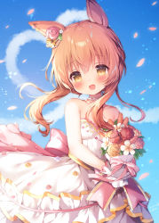 Rule 34 | 1girl, :d, animal ears, bare shoulders, blush, bouquet, breasts, brown hair, commentary request, dress, flower, gloves, hair between eyes, hair flower, hair ornament, highres, holding, holding bouquet, horse ears, horse girl, long hair, looking at viewer, mayano top gun (sunlight bouquet) (umamusume), mayano top gun (umamusume), momozu komamochi, open mouth, petals, pink flower, small breasts, smile, solo, umamusume, white dress, white flower, white gloves, yellow eyes, yellow flower