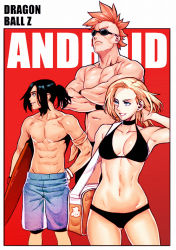 Rule 34 | 1girl, 2boys, abs, adjusting hair, android 16, android 17, android 18, bikini, black bikini, black hair, blonde hair, blue male swimwear, blue swim trunks, border, breasts, brother and sister, choker, copyright name, crossed arms, dragon ball, dragonball z, gradient male swimwear, gradient swimsuit, male swimwear, mohawk, multicolored clothes, multicolored male swimwear, multicolored swim trunks, multicolored swimsuit, multiple boys, muscular, navel, orange hair, print male swimwear, print swim trunks, print swimsuit, psychicjin, purple male swimwear, purple swim trunks, red background, short hair, siblings, smile, stomach, sunglasses, surfboard, swim trunks, swimsuit, toned, white border, wristband