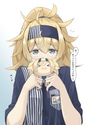 Rule 34 | &gt; &lt;, 1girl, blonde hair, blue eyes, blue shirt, blush, breast pocket, employee uniform, flying sweatdrops, gambier bay (kancolle), hair between eyes, hairband, highres, holding, holding stuffed toy, kantai collection, lawson, long hair, looking at viewer, negahami, nose blush, pocket, shirt, short sleeves, simple background, solo, striped clothes, striped shirt, stuffed toy, translation request, uniform, upper body, vertical-striped clothes, vertical-striped shirt, wavy hair