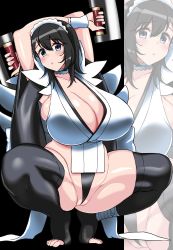 Rule 34 | 1girl, apron, arms up, ass, black hair, black leotard, black thighhighs, blue eyes, breasts, butterfly swords, cleavage, commentary request, curvy, dual wielding, full body, highres, holding, holding weapon, huge breasts, iroha (samurai spirits), komusou (jinrikisha), leotard, looking at viewer, maid, maid apron, parted lips, pussy, pussy peek, raised eyebrows, samurai spirits, shiny skin, sideboob, skindentation, snk, solo, squatting, thick thighs, thighhighs, thighs, thong leotard, weapon, wide hips, zoom layer