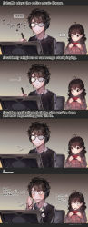 Rule 34 | 1boy, 1girl, 4koma, artist name, artist self-insert, beamed eighth notes, black-framed eyewear, black hair, black shirt, blush, brother and sister, brown hair, cellphone, closed mouth, comic, commentary, crying, crying with eyes open, dated, drawing tablet, earbuds, earphones, eighth note, english commentary, english text, eyewear hang, unworn eyewear, glasses, hand up, hands up, headphones, highres, holding, holding phone, holding stylus, kawacy, long hair, long sleeves, musical note, opaque glasses, original, own hands together, palms together, parted lips, phone, praying, quarter note, red sweater, shirt, siblings, sitting, smile, stylus, sweater, tears, trembling, wavy mouth