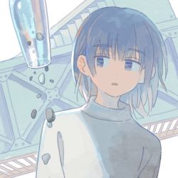 Rule 34 | 1girl, blue hair, commentary request, highres, muji (uimss), original, parted lips, purple eyes, rock, short hair, simple background, solo, sweater, turtleneck, turtleneck sweater, upper body, white background, white sweater
