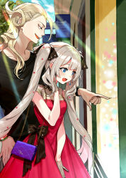 Rule 34 | 1boy, 1girl, :d, alternate costume, bag, black bow, black gloves, black shirt, blonde hair, blue eyes, blue sky, bow, casual, cloud, commentary request, day, dress, earrings, fate/grand order, fate (series), fingernails, flower, gloves, grey gloves, hair flower, hair ornament, hairclip, half gloves, hand up, handbag, highres, jewelry, light rays, long hair, looking away, marie antoinette (fate), open mouth, outdoors, pointing, red dress, red flower, shirt, shoulder bag, sky, sleeveless, sleeveless dress, smile, sunbeam, sunlight, twintails, very long hair, watch, white hair, window, wolfgang amadeus mozart (fate), wristwatch, yuu (higashi no penguin)