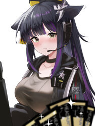 Rule 34 | 1girl, absurdres, animal ears, arknights, black choker, black hair, blush, breasts, cat ears, choker, commentary request, dr.lamina, grey eyes, grey shirt, headhunting permit (arknights), headset, highres, jacket, jessica (arknights), jessica the liberated (arknights), large breasts, multicolored hair, open clothes, open jacket, purple hair, shirt, solo, sparkle, streaked hair, upper body